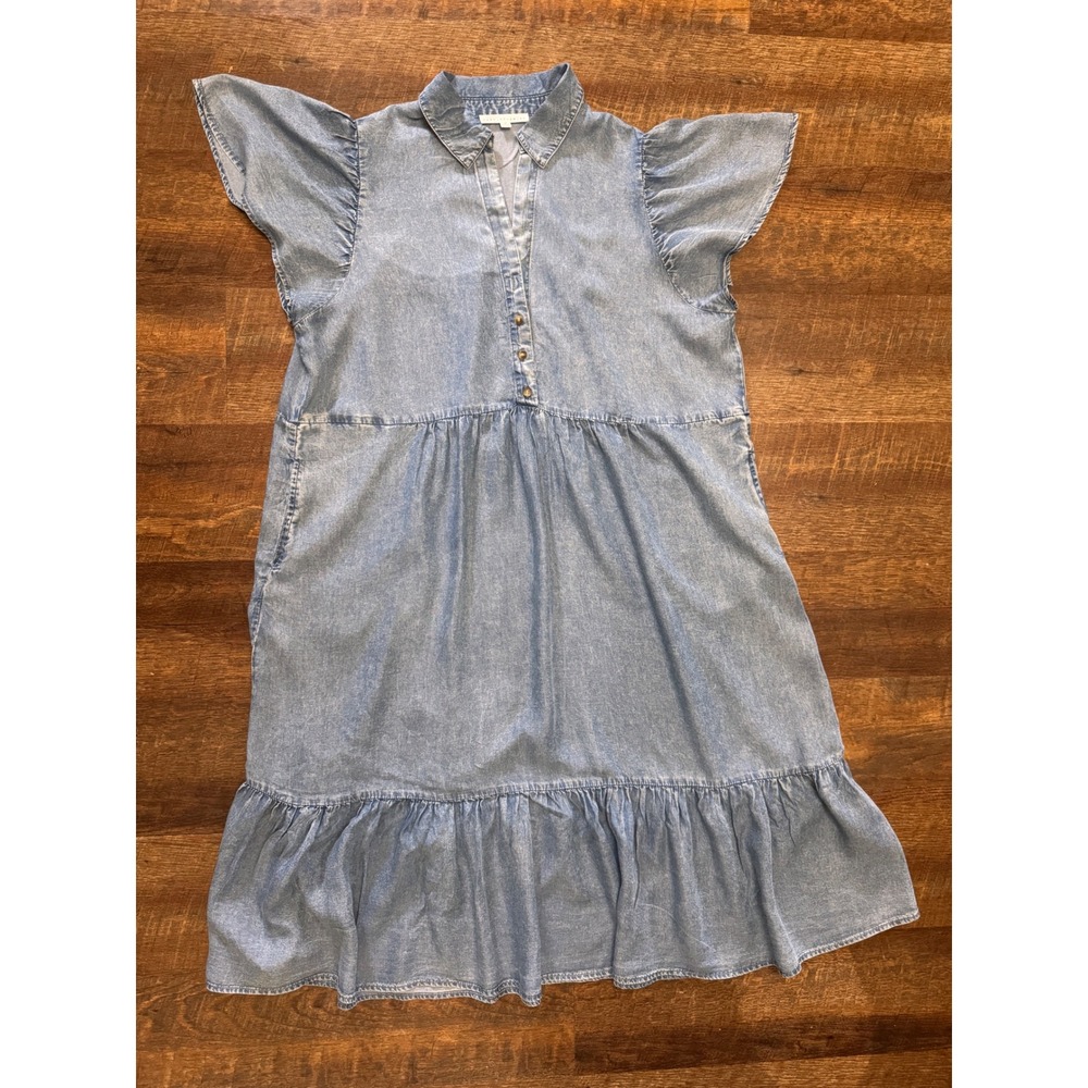 Jane + Delancey 1X Chambray Lyocell Tiered Midi Dress Flutter Sleeve Pockets